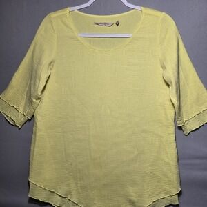 Soft Surroundings 100% Cotton Textured Crinkle Knit Top Yellow XS Half Sleeve...
